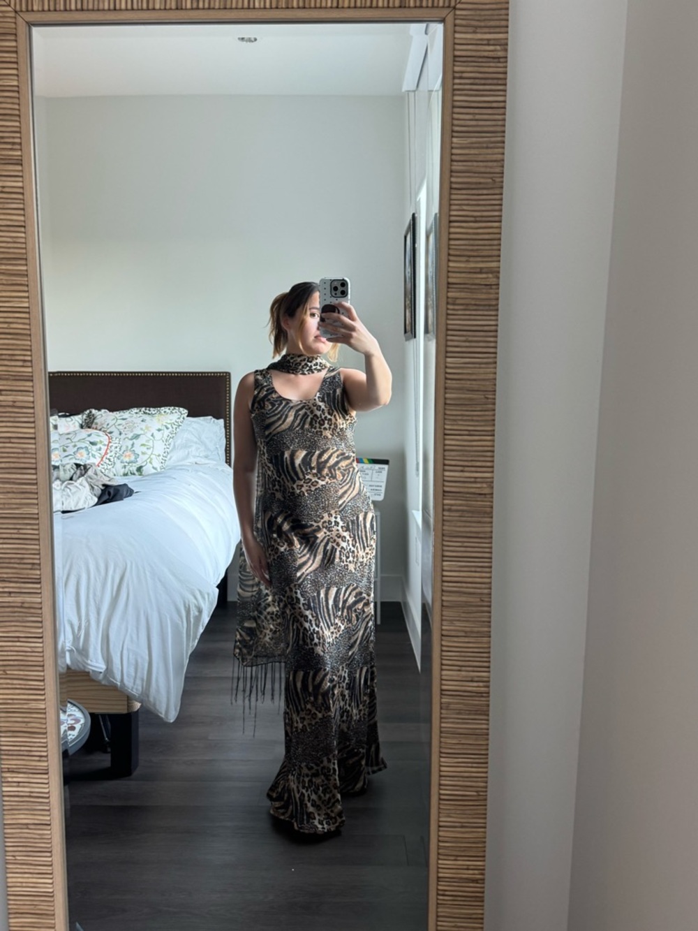 Vintage Leopard Print Maxi Dress w/ Scarf – S/M